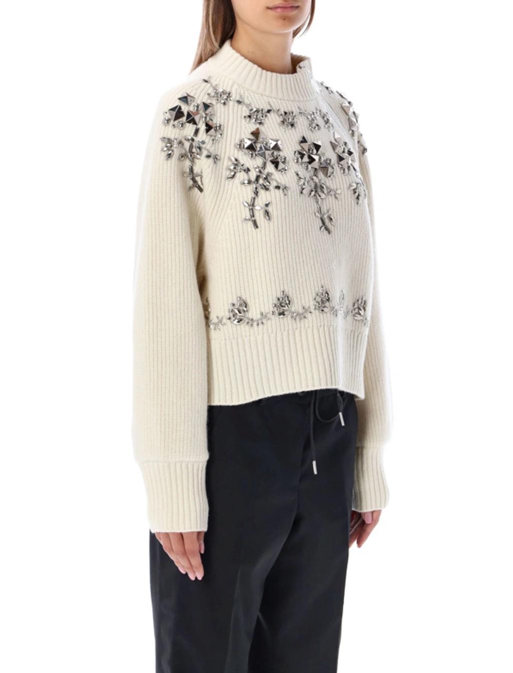 SACAI Stud And Sequin-embellished Wool-knit Jumper In Off White Product Image