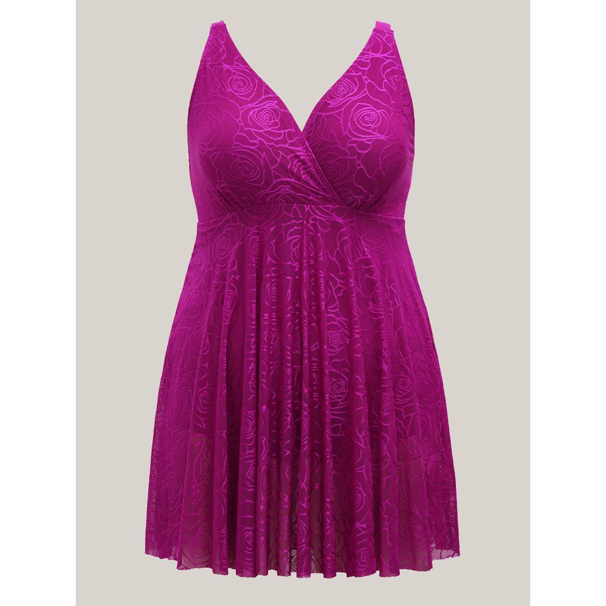Plus Size Rosy Pattern Surplice Neck Flared Swim Dress Women's Swimwear RedViolet Beach Bodycon Overlap Collar High stretch Curve Swim Dresses BloomChic 28/5X Product Image