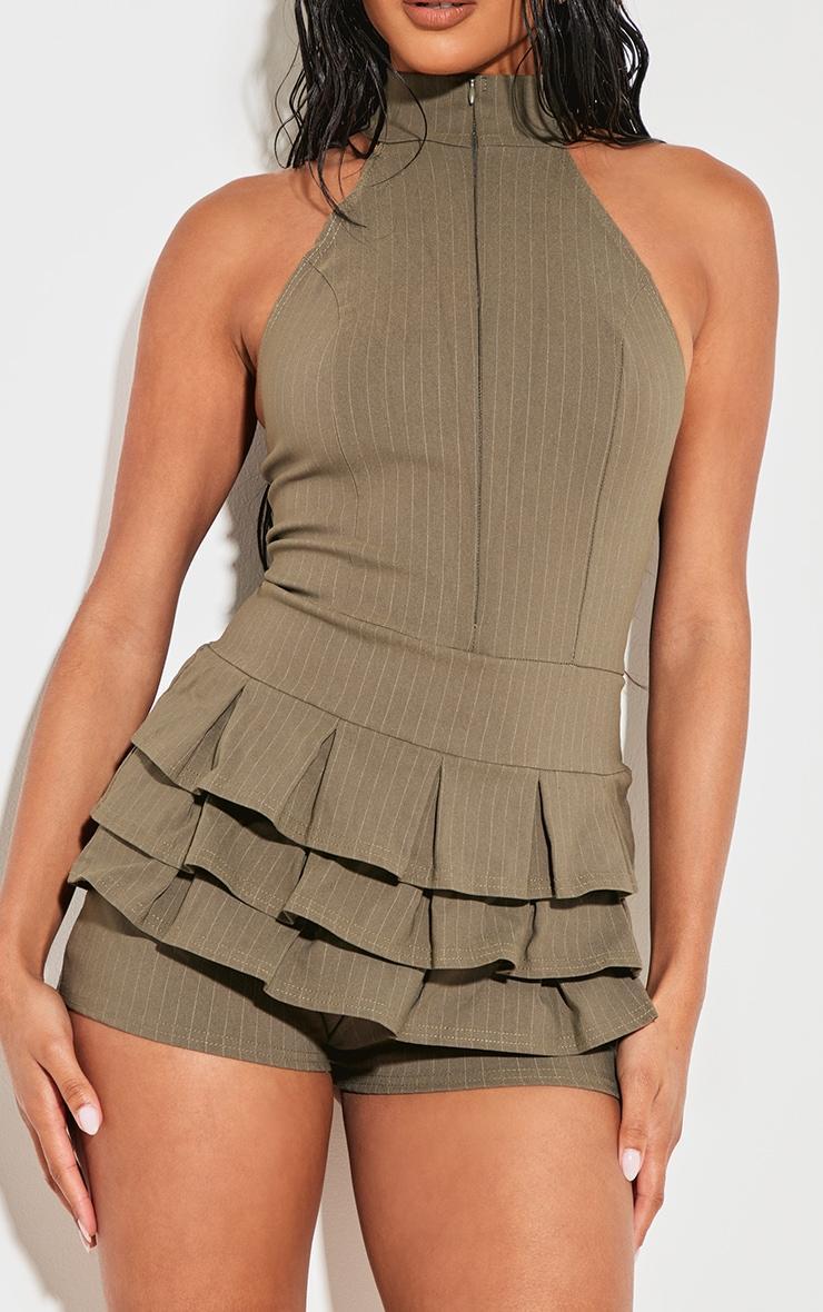  Khaki Stretch Woven High Neck Rara Skort Romper Product Image