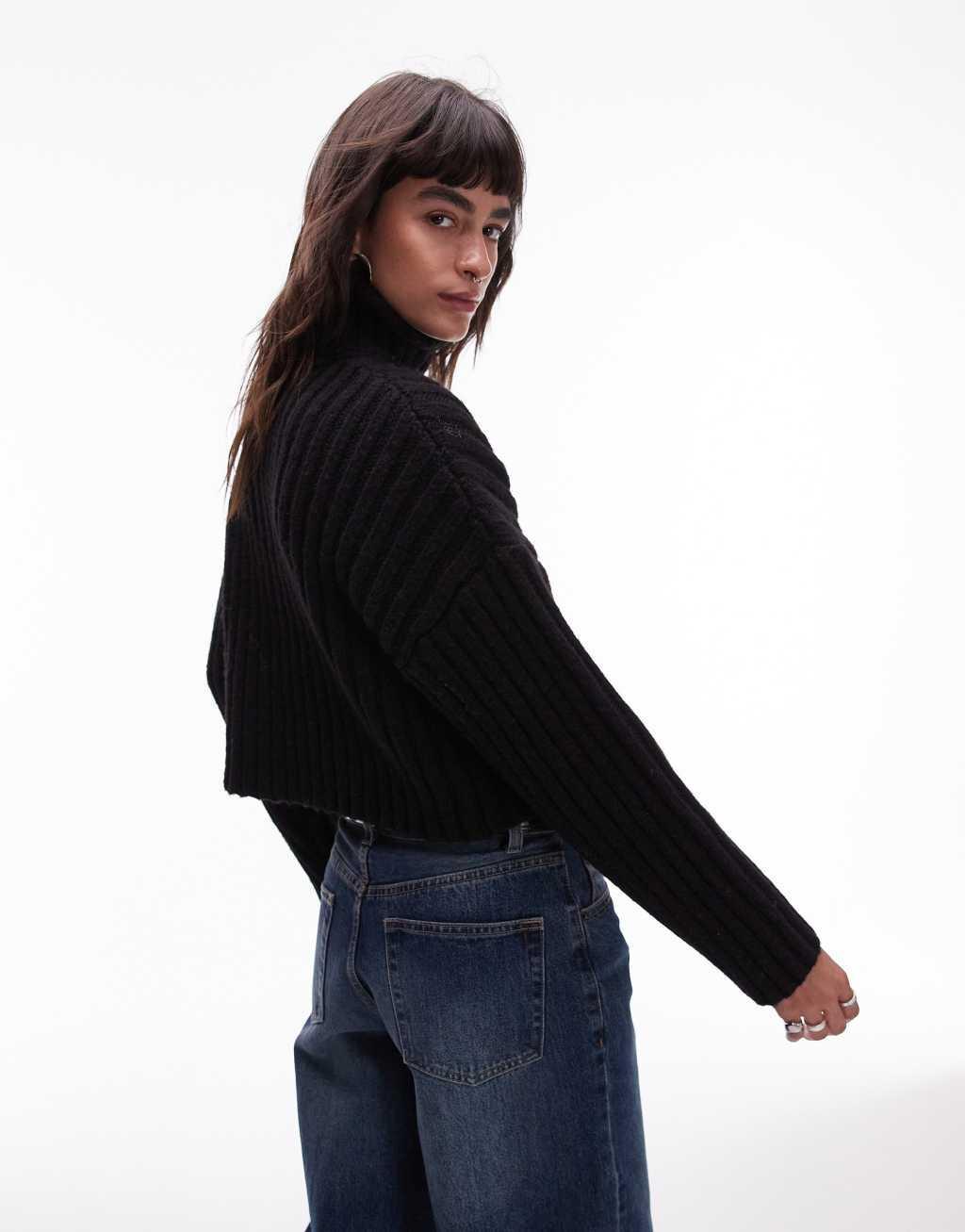 Topshop knitted roll neck rib crop sweater in black Product Image