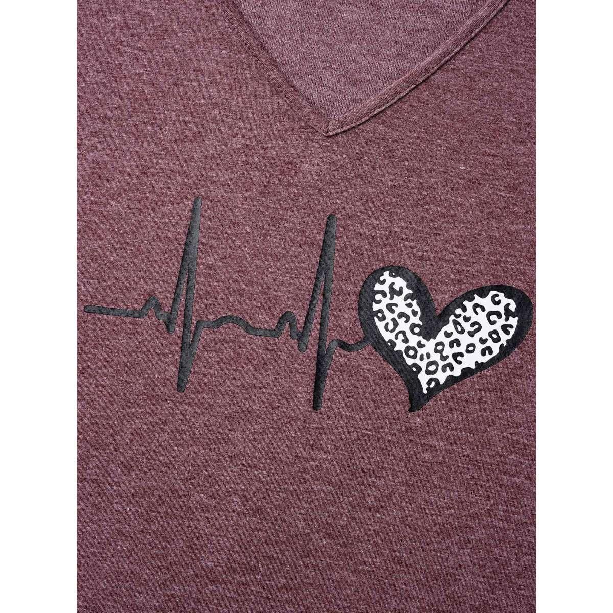 Plus Size V Neck Heart Print T-Shirt Russet Women Casual Non Art&design Round Neck Everyday T-shirts BloomChic 14-16/1X Product Image