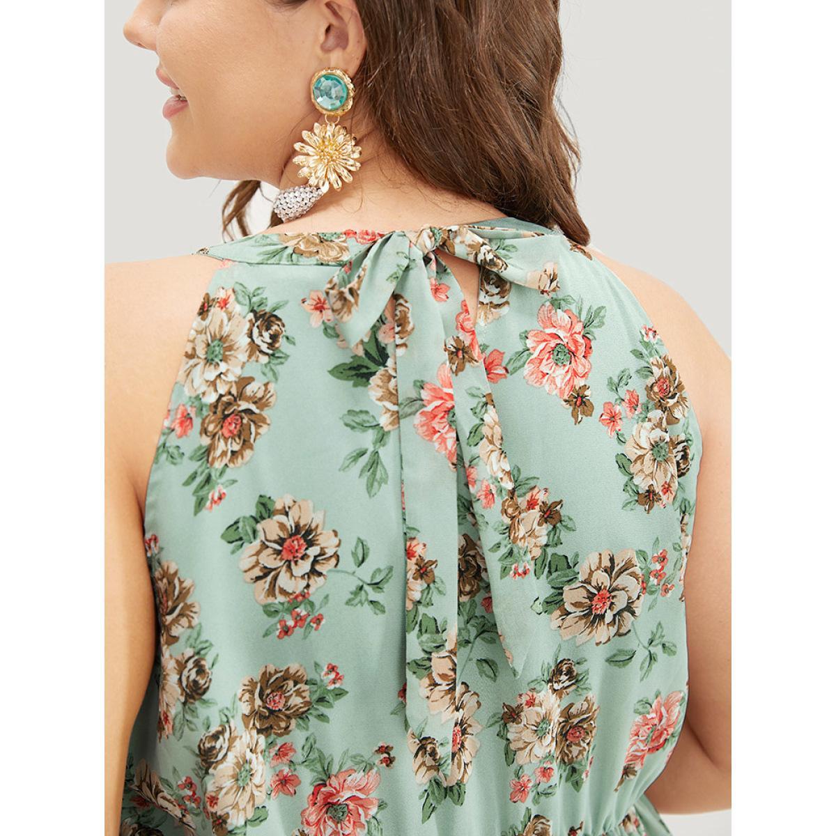 Plus Size Floral Pocket Ruffle Tiered Keyhole Knotted Halter Dress Mint Women Elegant Lined Halter neck Sleeveless Curvy Knee Dress BloomChic 10/M Product Image