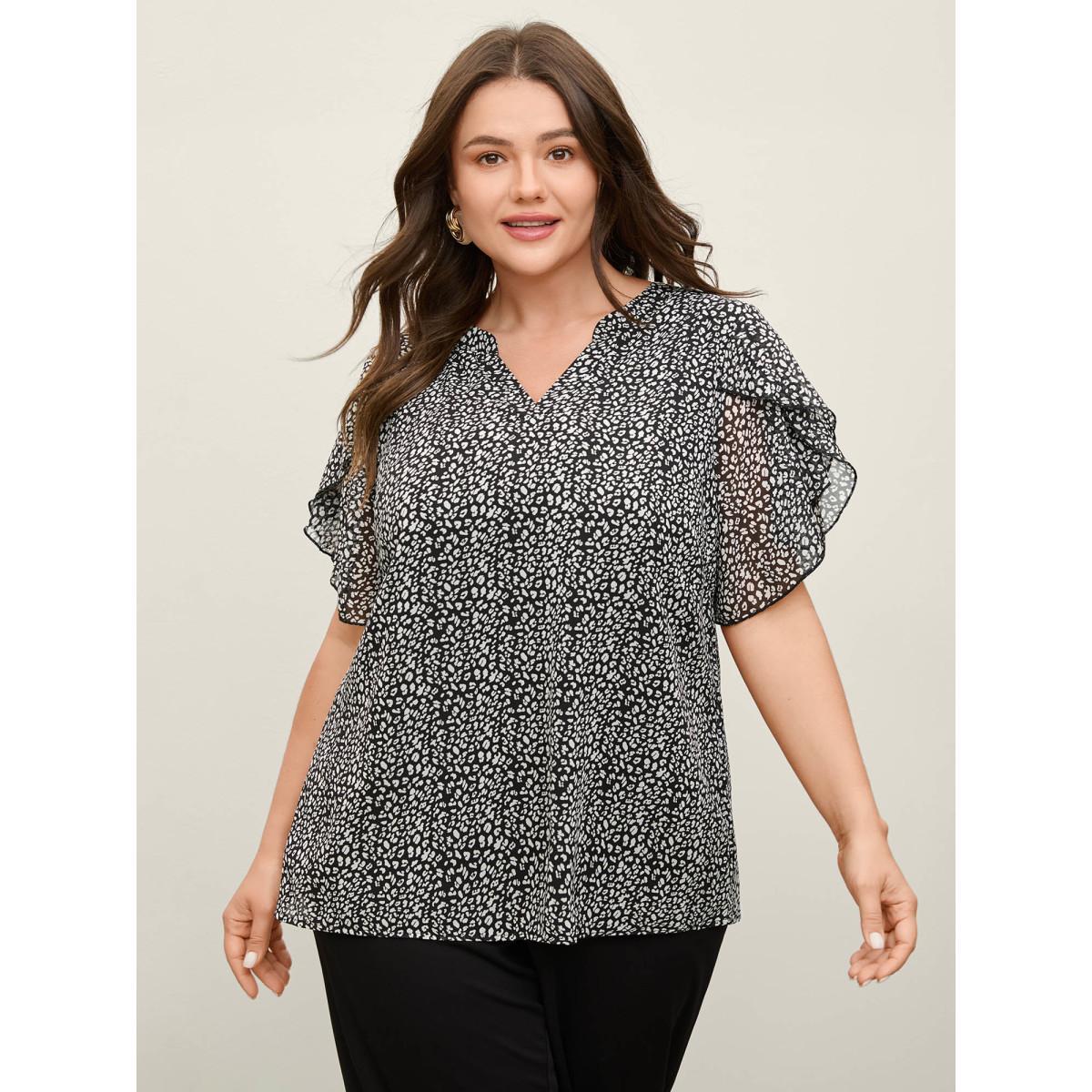 Plus Size Black Leopard Print Petal Layered Sleeve Blouse Women Short sleeve Notched collar Work Blouses BloomChic 22-24/3X Product Image
