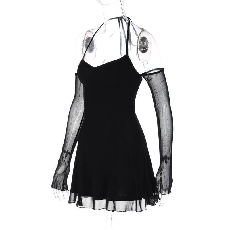 Set: Halter Plain Mini A-Line Dress + Mesh Arm Sleeves Product Image