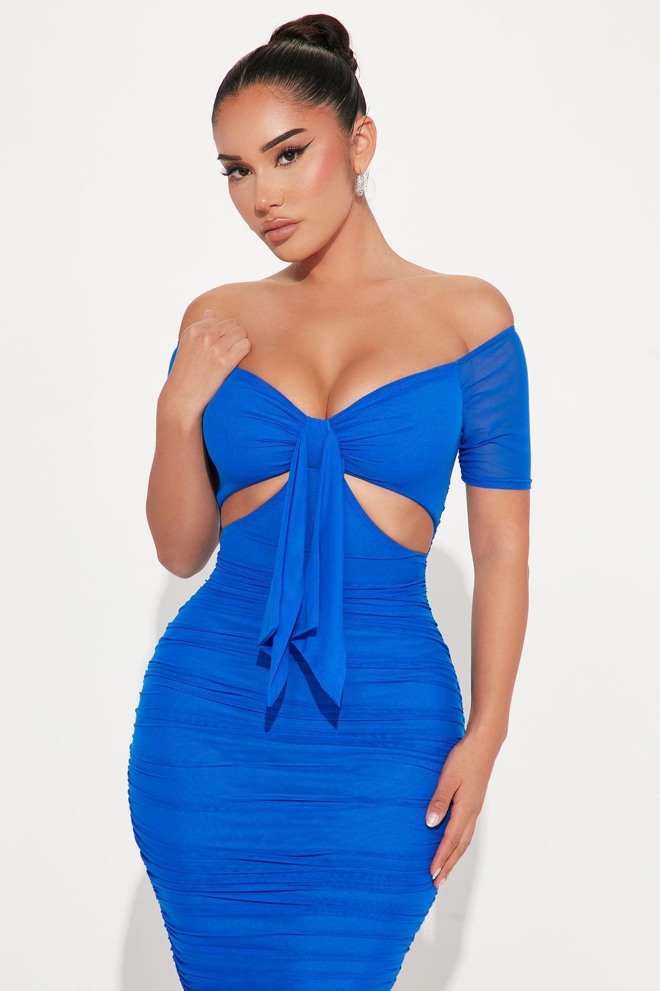 Simple And Sweet Mesh Ruched Dress - Royal Product Image