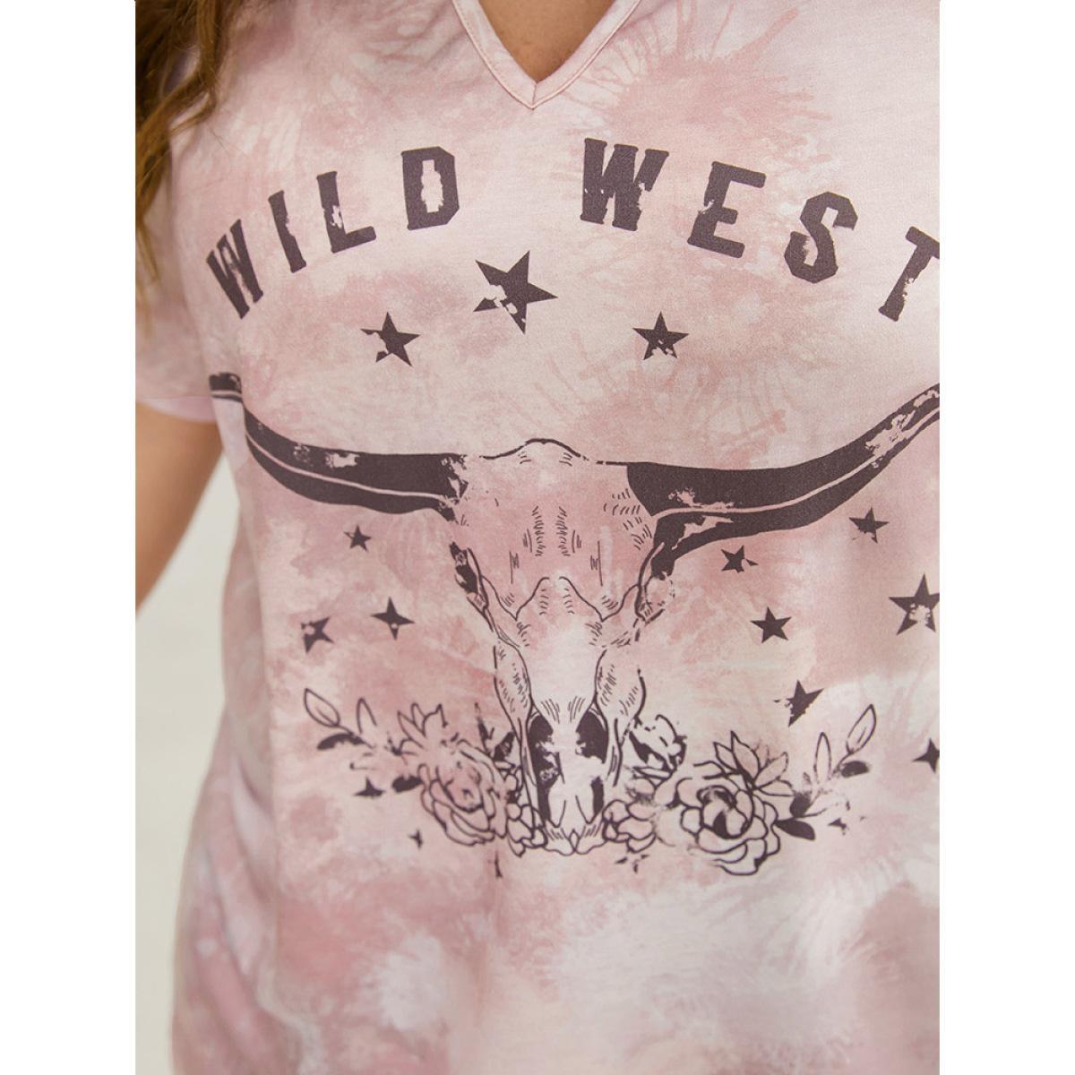 Plus Size Letter & Star Print Keyhole Tie Dye T-shirt MistyRose Women Casual Keyhole Western Dailywear T-shirts BloomChic 10/M Product Image