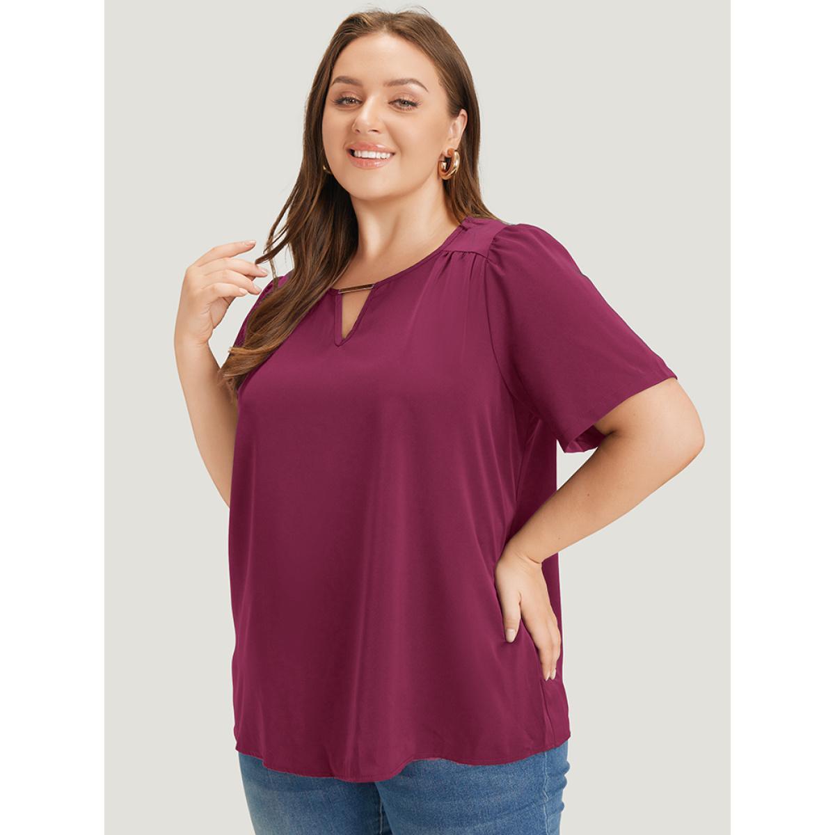 Plus Size Burgundy Anti-Wrinkle Plain Metal Detail Keyhole Neck Blouse Women Office Short sleeve V-neck Work Blouses BloomChic 22-24/3X Product Image
