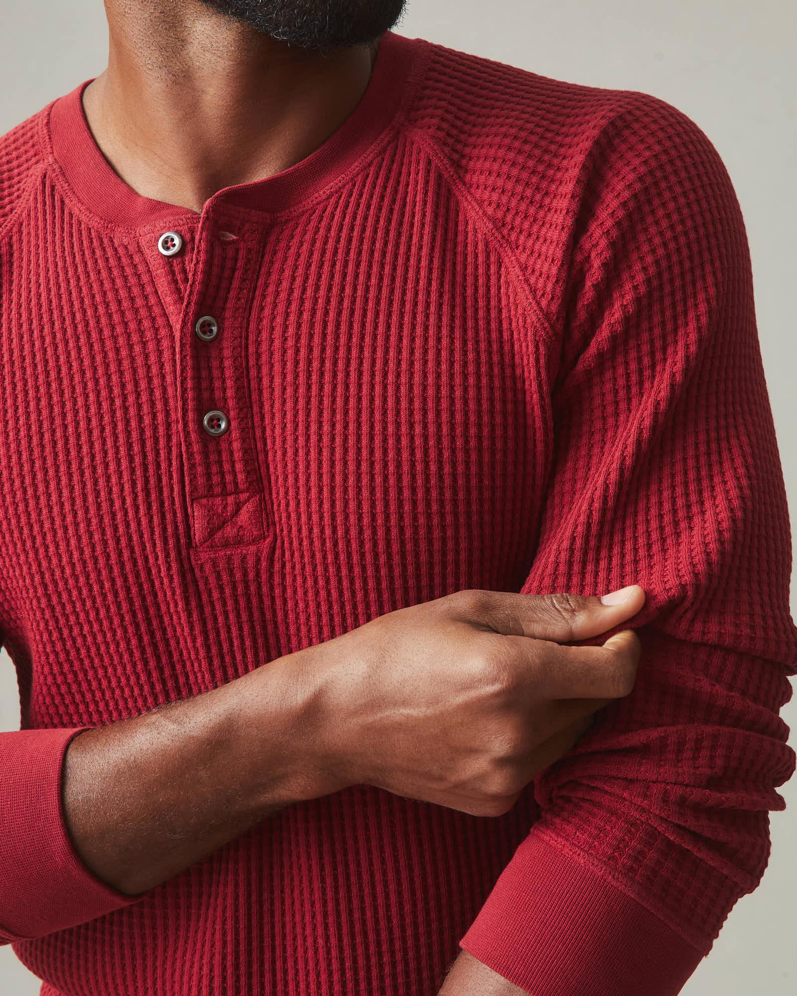 Men's Waffle Long Sleeve Henley - Real Red Male Product Image