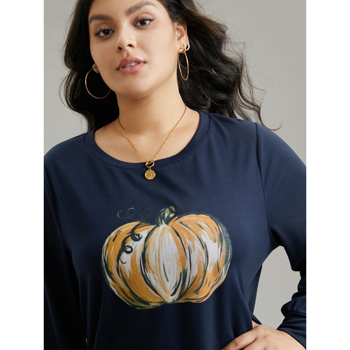 Plus Size Round Neck Pumpkin Print Sweatshirt Women Indigo Casual Printed Dailywear Sweatshirts BloomChic 26/4X Product Image