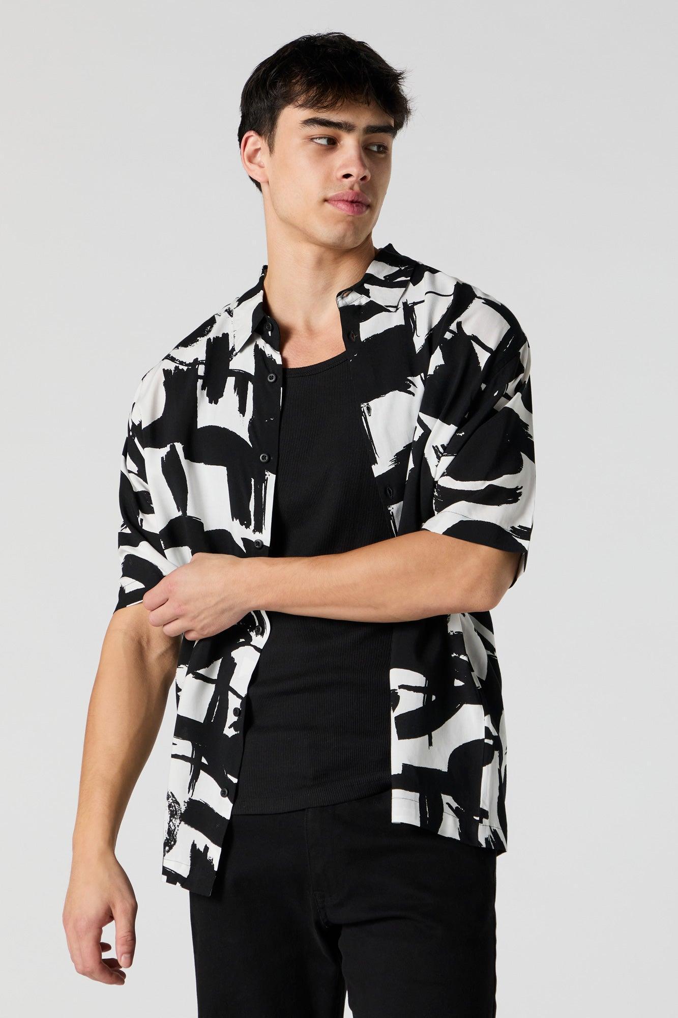 Black and White Print Button-Up Top Male Product Image