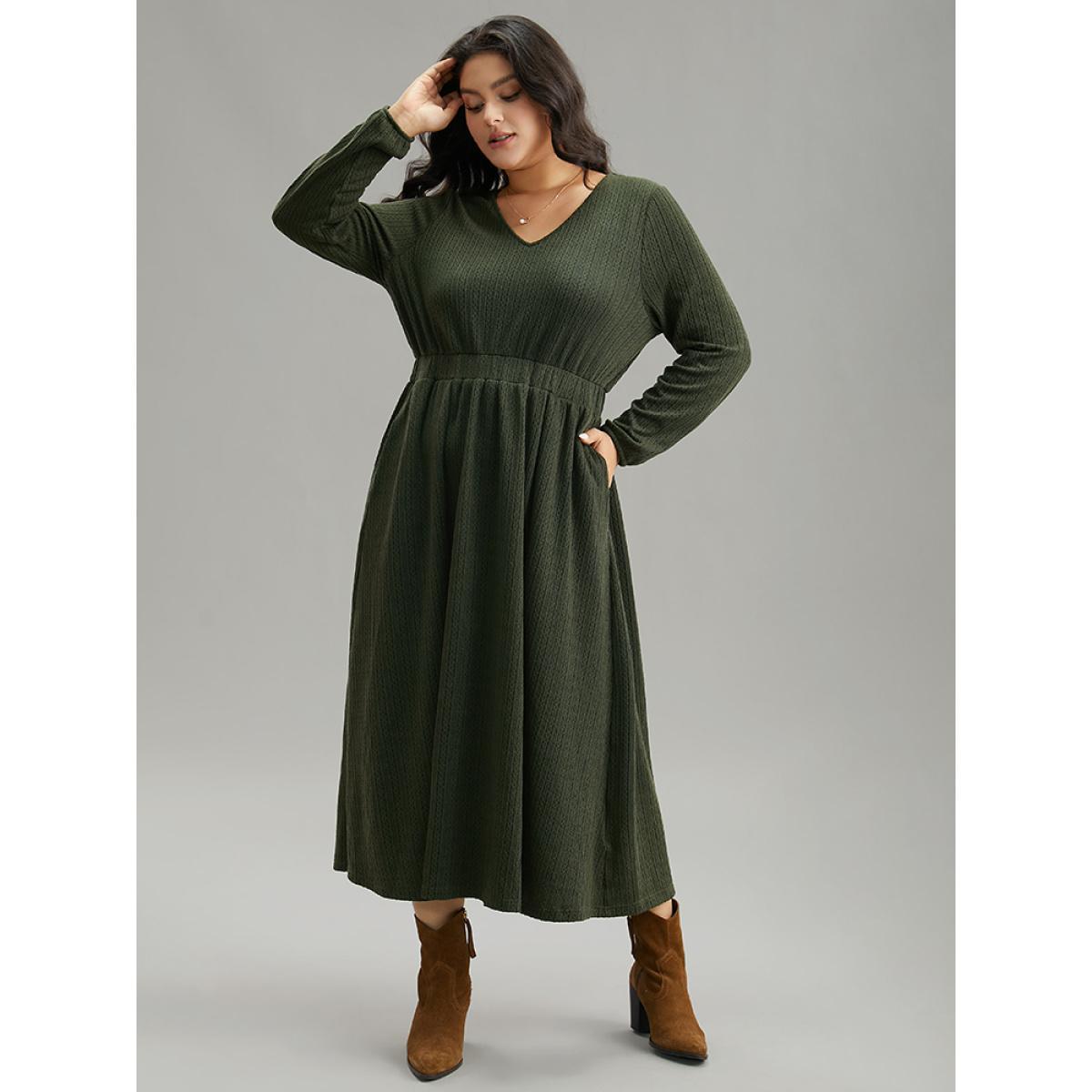 Plus Size Plain Plisse Elastic Cuffs Midi Dress ArmyGreen Women Elegant Elastic cuffs V-neck Long Sleeve Curvy Midi Dress BloomChic 28/5X Product Image
