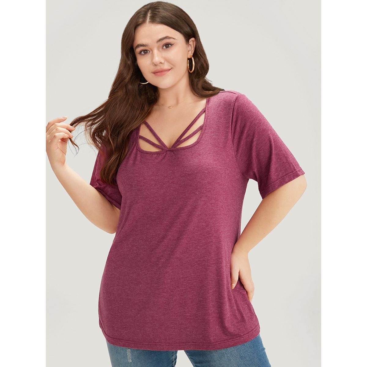 Plus Size Plain Heather Crisscross Square Neck T-shirt Burgundy Women Casual Plain Plain Square Neck Dailywear T-shirts BloomChic 10/M Product Image