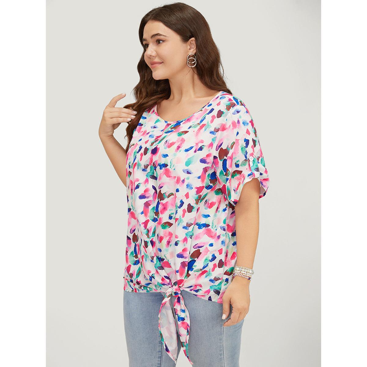 Plus Size Multicolor Allover Print Contrast Knotted Hem Cuffed Sleeve Blouse Women Elegant Short sleeve Round Neck Dailywear Blouses BloomChic 28/5X Product Image