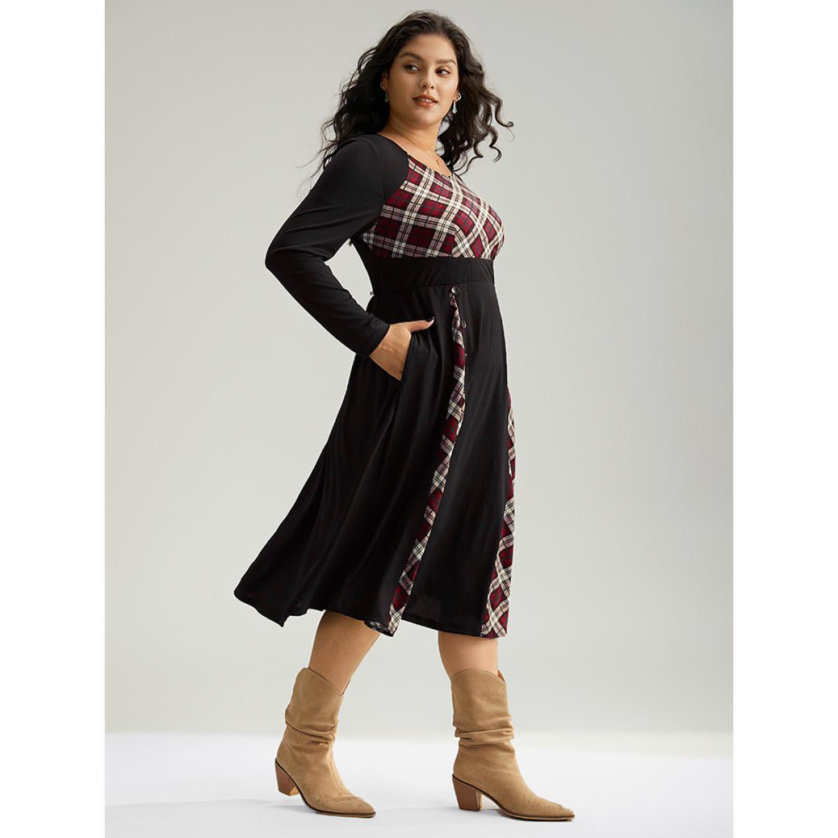 Plus Size Christmas Plaid Patchwork Button Detail Dress Scarlet Women Elegant Printed Round Neck Long Sleeve Curvy Midi Dress BloomChic 26/4X Product Image
