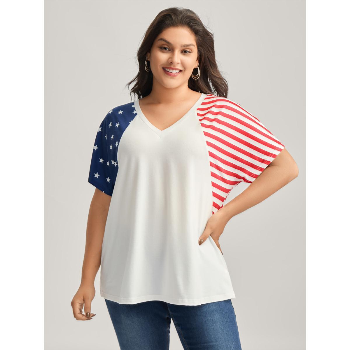 Plus Size American Flag Print V-Neck T-Shirt WhiteSmoke Women Contrast Country V-neck Everyday-Casual T-shirts BloomChic 22-24/3X Product Image