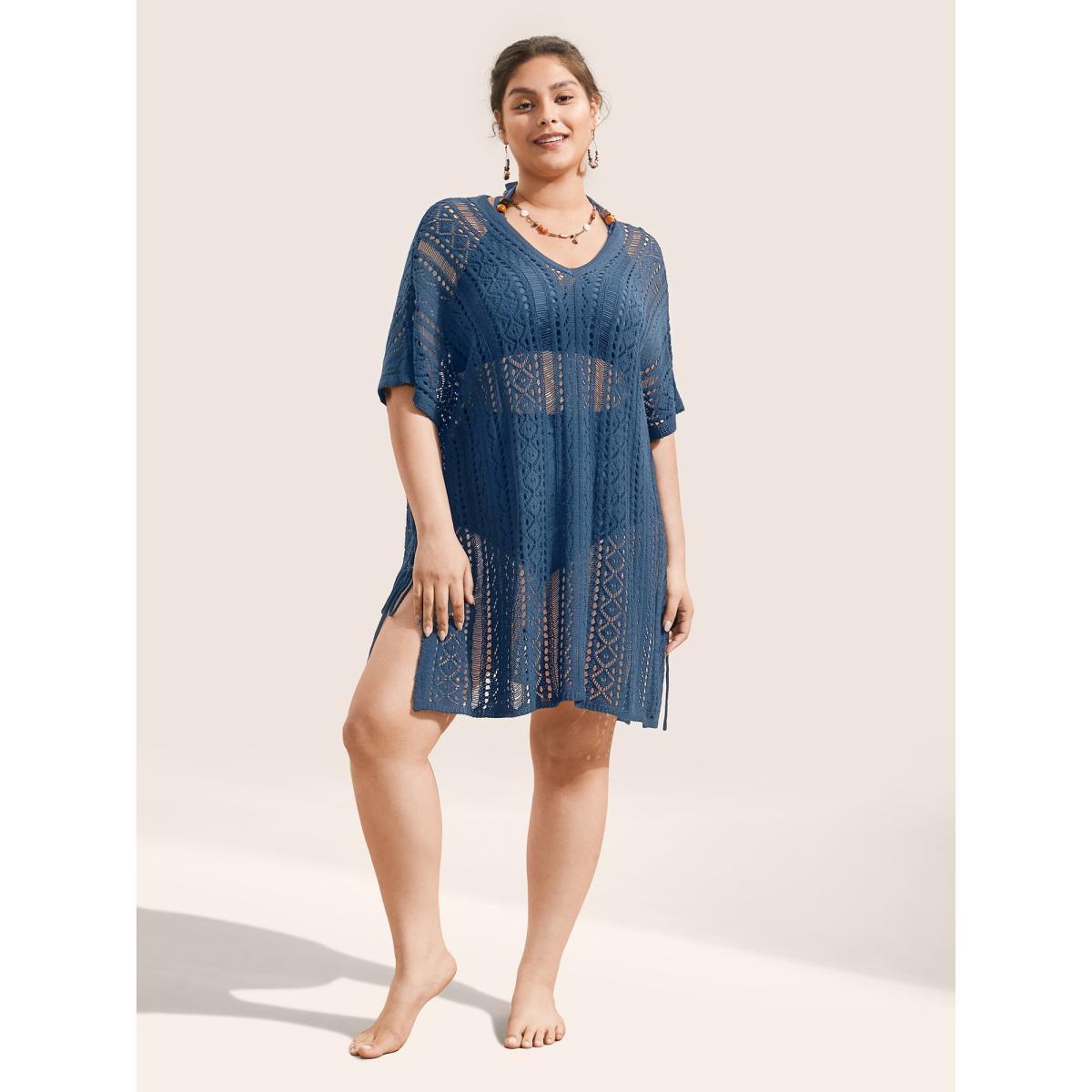 Plus Size Plain Texture Ties Hollow Out Split Hem Swim Cover Up Women's Swimwear Aegean Beach Cut-Out Curve Swim Cover Ups BloomChic 28/5X Product Image