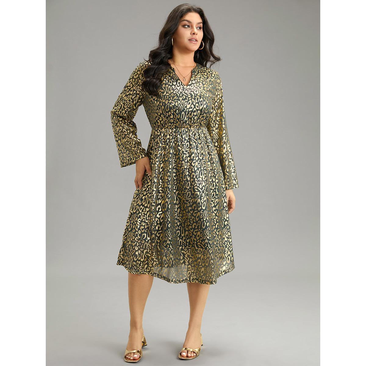 Plus Size Leopard Glitter Pocket Elastic Waist Dress DarkGreen Women Elegant Printed V-neck Long Sleeve Curvy Midi Dress BloomChic 12/L Product Image