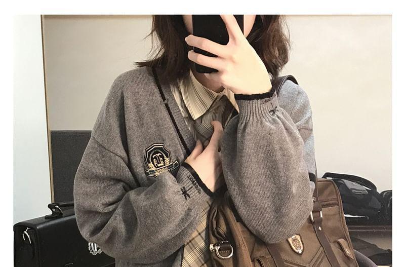 Long-Sleeve V-Neck Badge Embroidered Sweater Product Image
