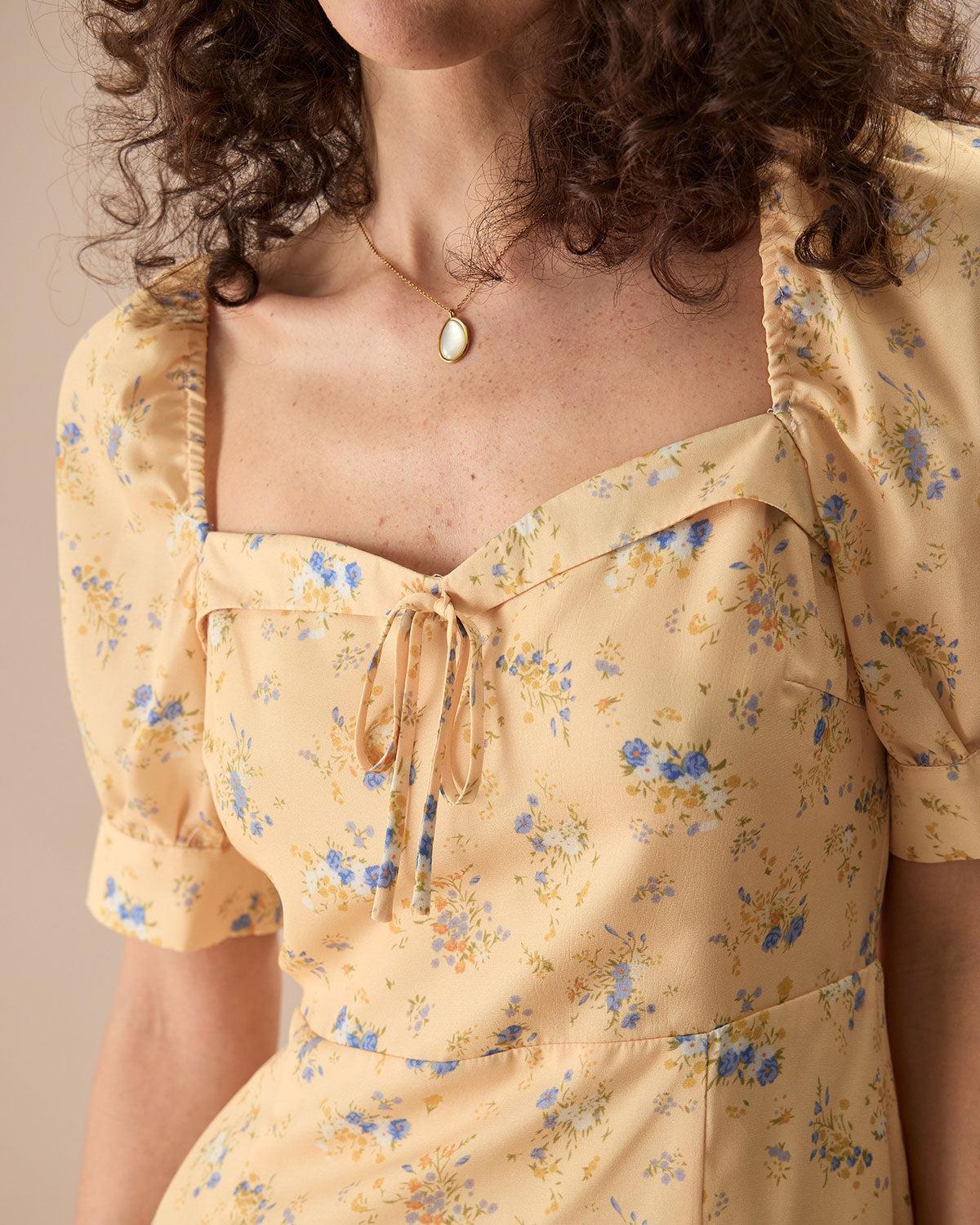 The Yellow Sweetheart Neck Floral Mini Dress Product Image