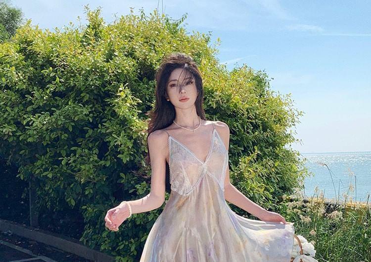 Spaghetti Strap V-Neck Tie Dye Asymmetrical Layered Open Back A-Line Dress Product Image