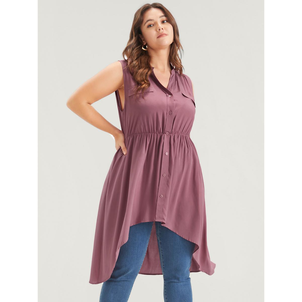 Plus Size DustyPink Solid Gathered Button High Low Hem Fake Pocket Tank Top Women Elegant Sleeveless V-neck Dailywear Blouses BloomChic 18-20/2X Product Image