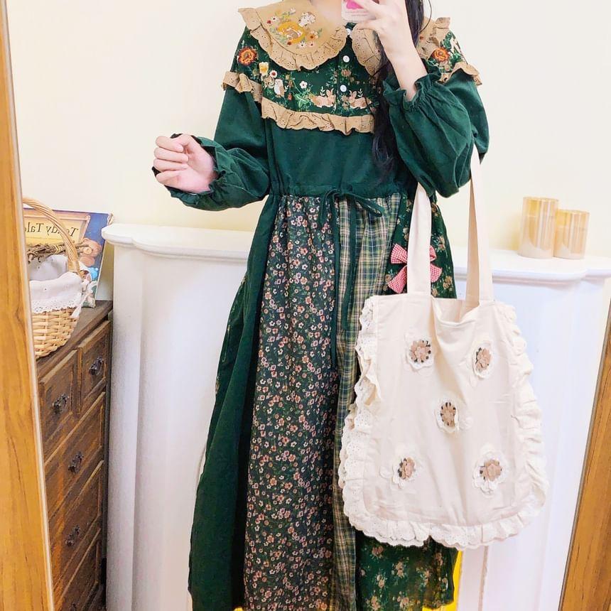 Long-Sleeve Collar Floral Patchwork Embroidered Corduroy Midi A-Line Dress Product Image