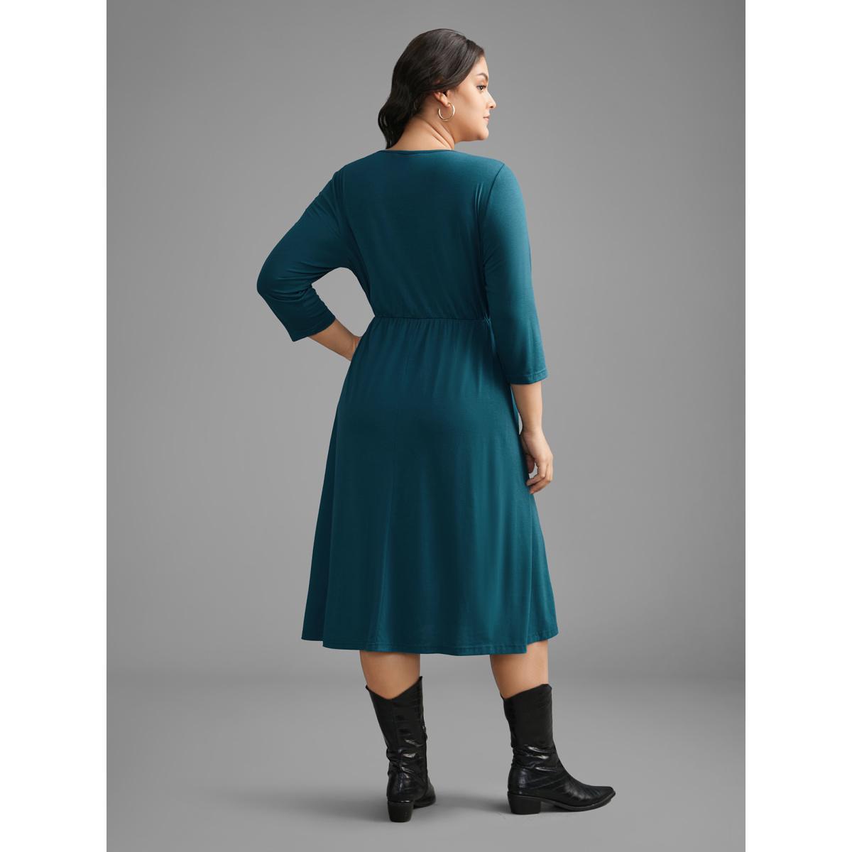 Plus Size V Neck Gathered Midi Knit Dress Aegean Women Casual Gathered Knit Dresses Bloomchic 10/M Product Image