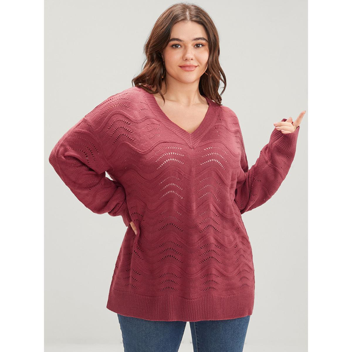 Plus Size Plain Pointelle Knit Water Ripple Eyelet Knit Top Scarlet Women Casual Loose Long Sleeve V-neck Dailywear Pullovers BloomChic 28/5X Product Image