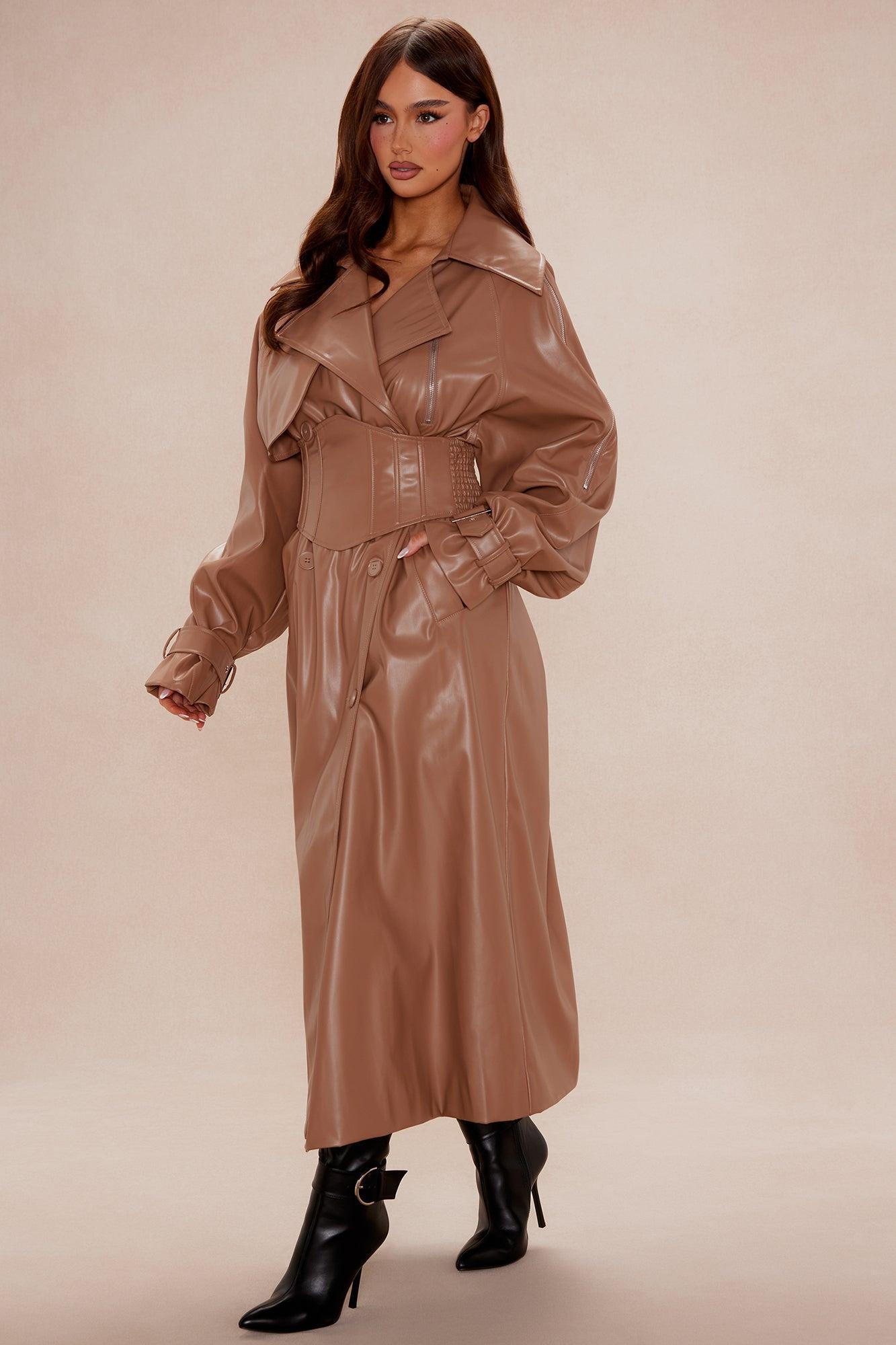 Kendra Faux Leather Trench Coat - Camel Product Image