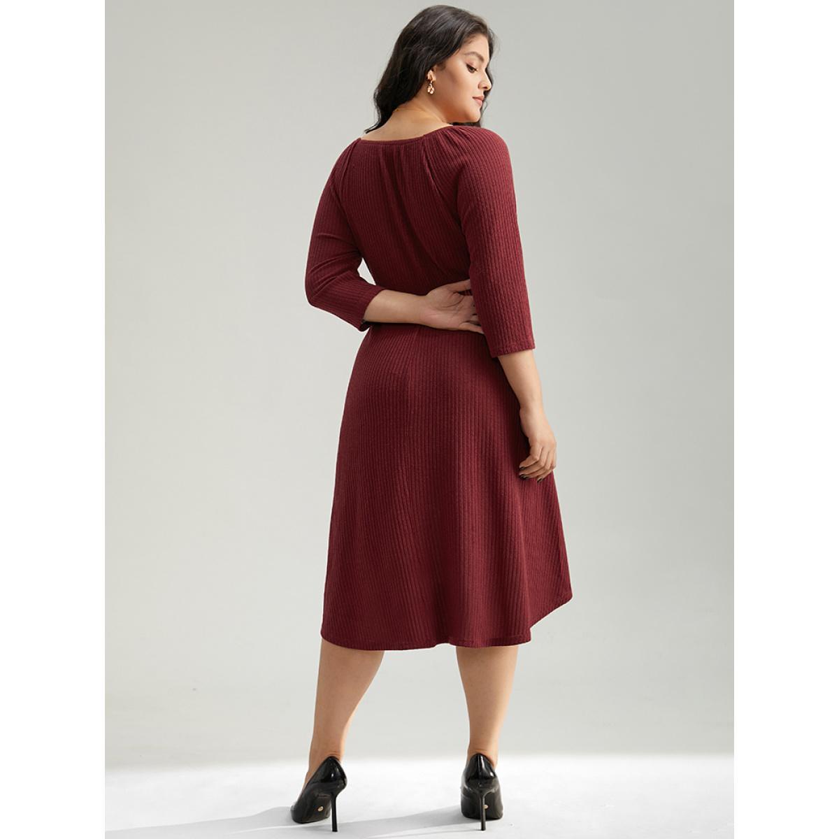 Plus Size Solid Rib Knit Lace Insert Dress Burgundy Women Elegant Rib Knit V-neck Long Sleeve Curvy Midi Dress BloomChic 10/M Product Image