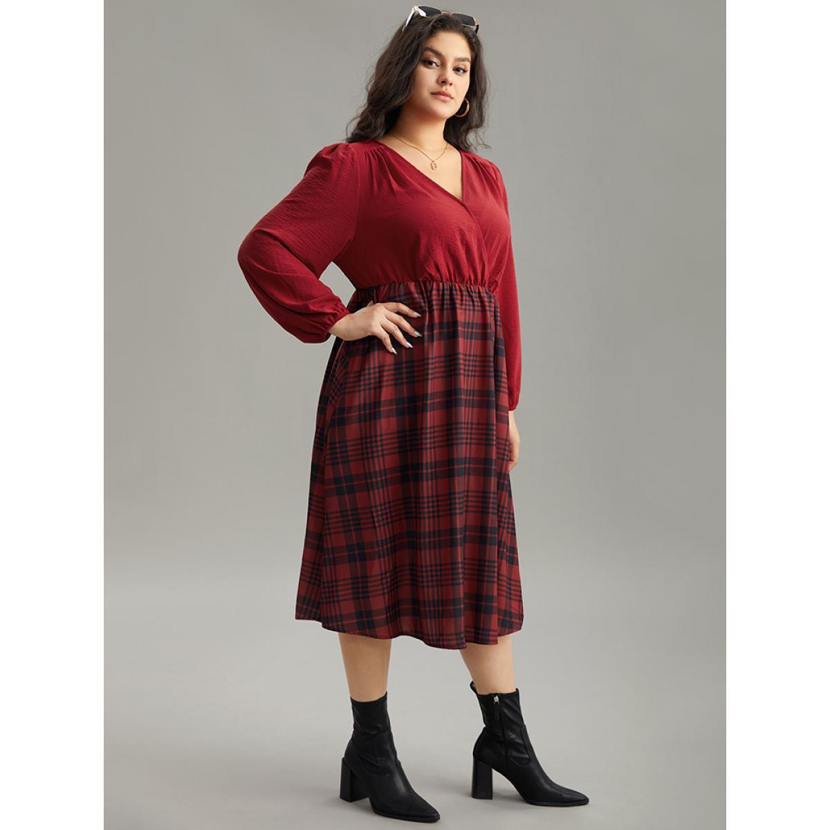 Plus Size Plaid Patchwork Gathered Lantern Sleeve Dress Raspberry Women Casual Elastic cuffs V-neck Long Sleeve Curvy Midi Dress BloomChic 10/M Product Image