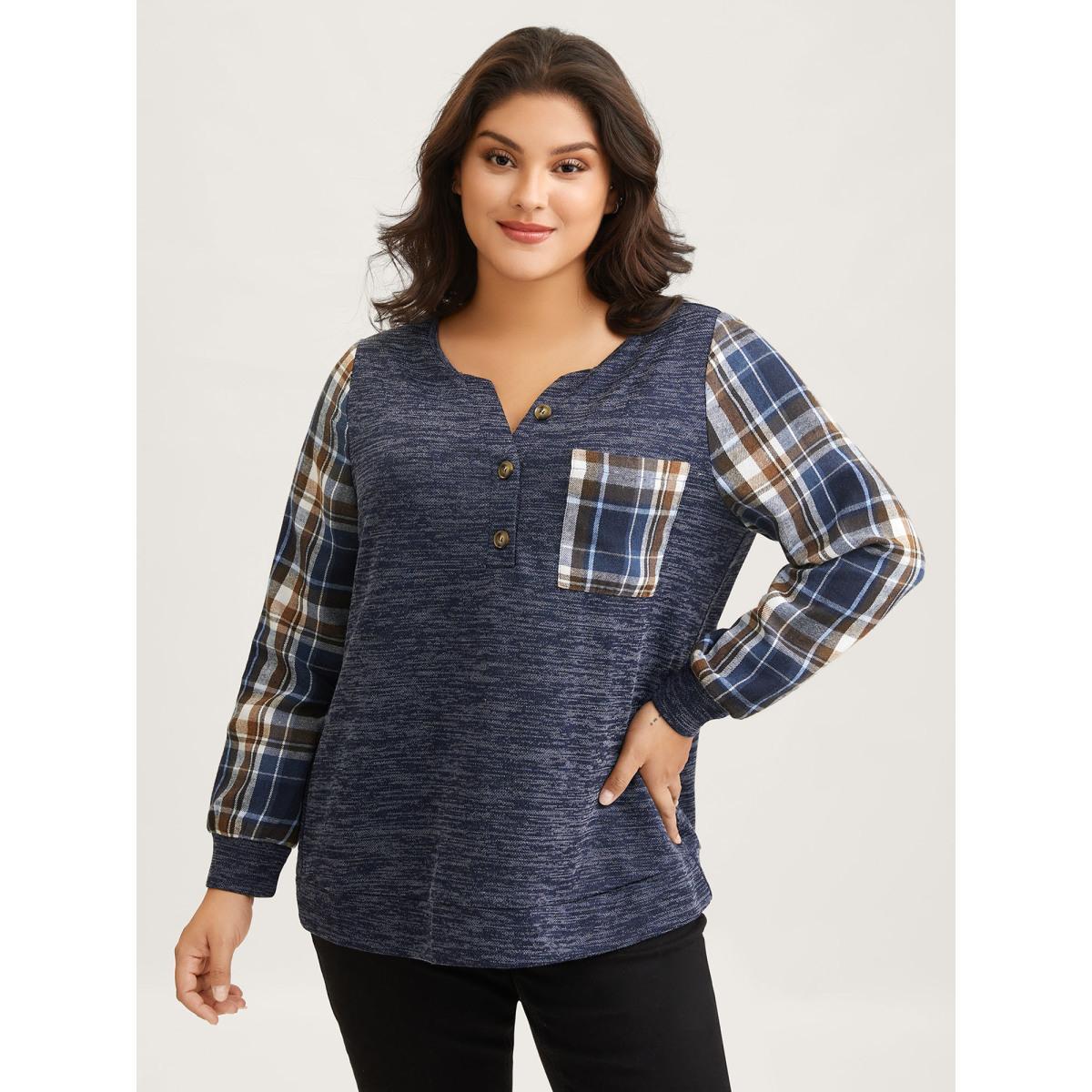 Plus Size Plaid Sleeve Button Up Patchwork Sweatshirt Women Indigo Casual Contrast Notched collar Everyday Sweatshirts BloomChic 14-16/1X Product Image
