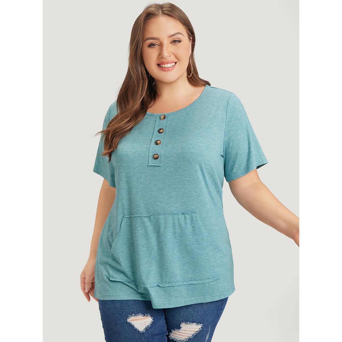 Plus Size Plain Heather Button Detail Patch Pocket T-shirt Cerulean Women Casual Heather Plain Round Neck Dailywear T-shirts BloomChic 30/6X Product Image
