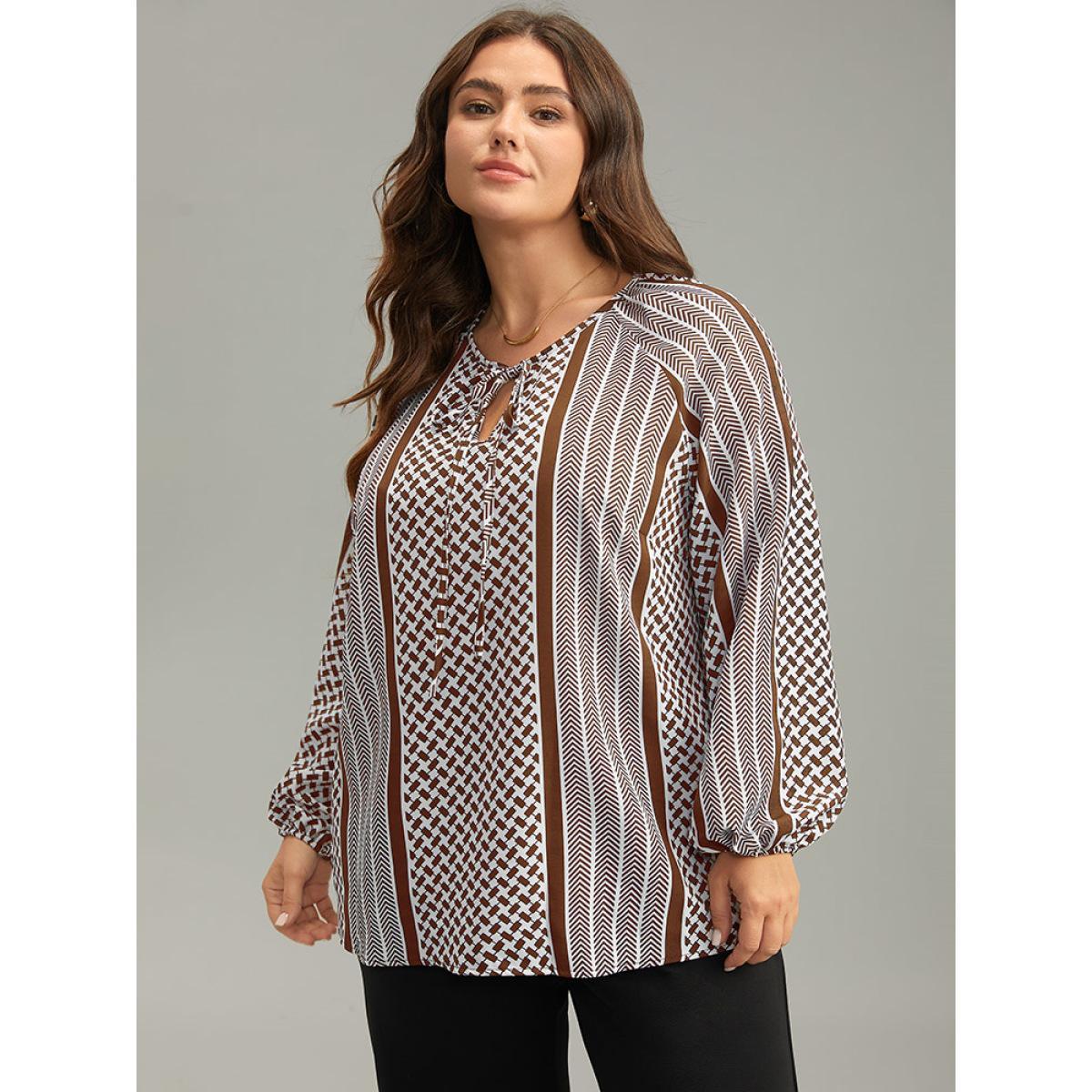 Plus Size Chocolate Geo Striped Tie Lantern Sleeve Blouse Women Resort Long Sleeve Tie Neck Vacation Blouses BloomChic 26/4X Product Image