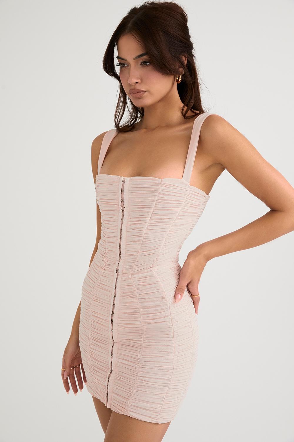 Cate Crystal Ruched Mesh Mini Dress Product Image