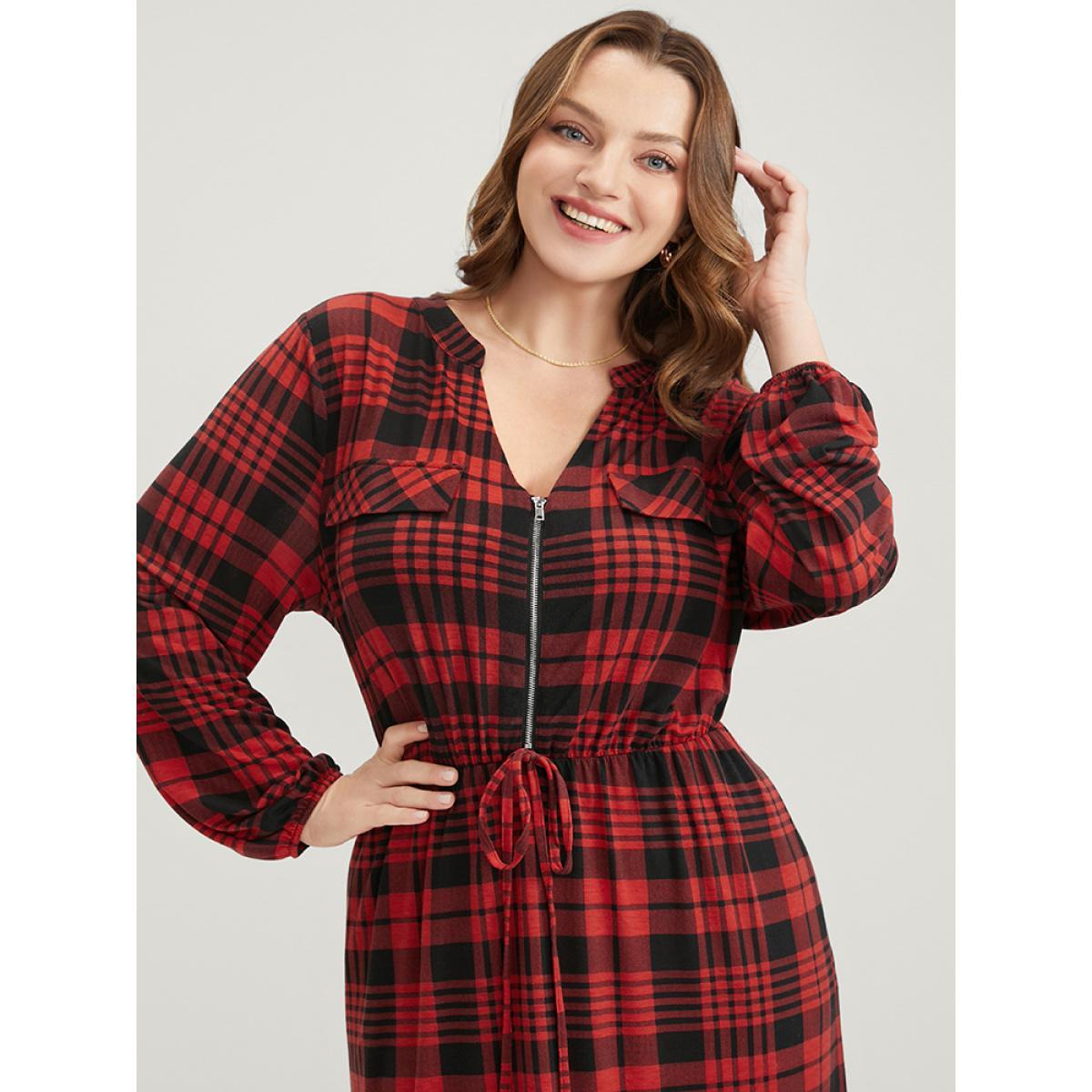 Plus Size Plaid Zip Up Lantern Sleeve Ties Arc Hem Dress Scarlet Women Casual Elastic Waist V-neck Long Sleeve Curvy Midi Dress BloomChic 18-20/2X Product Image