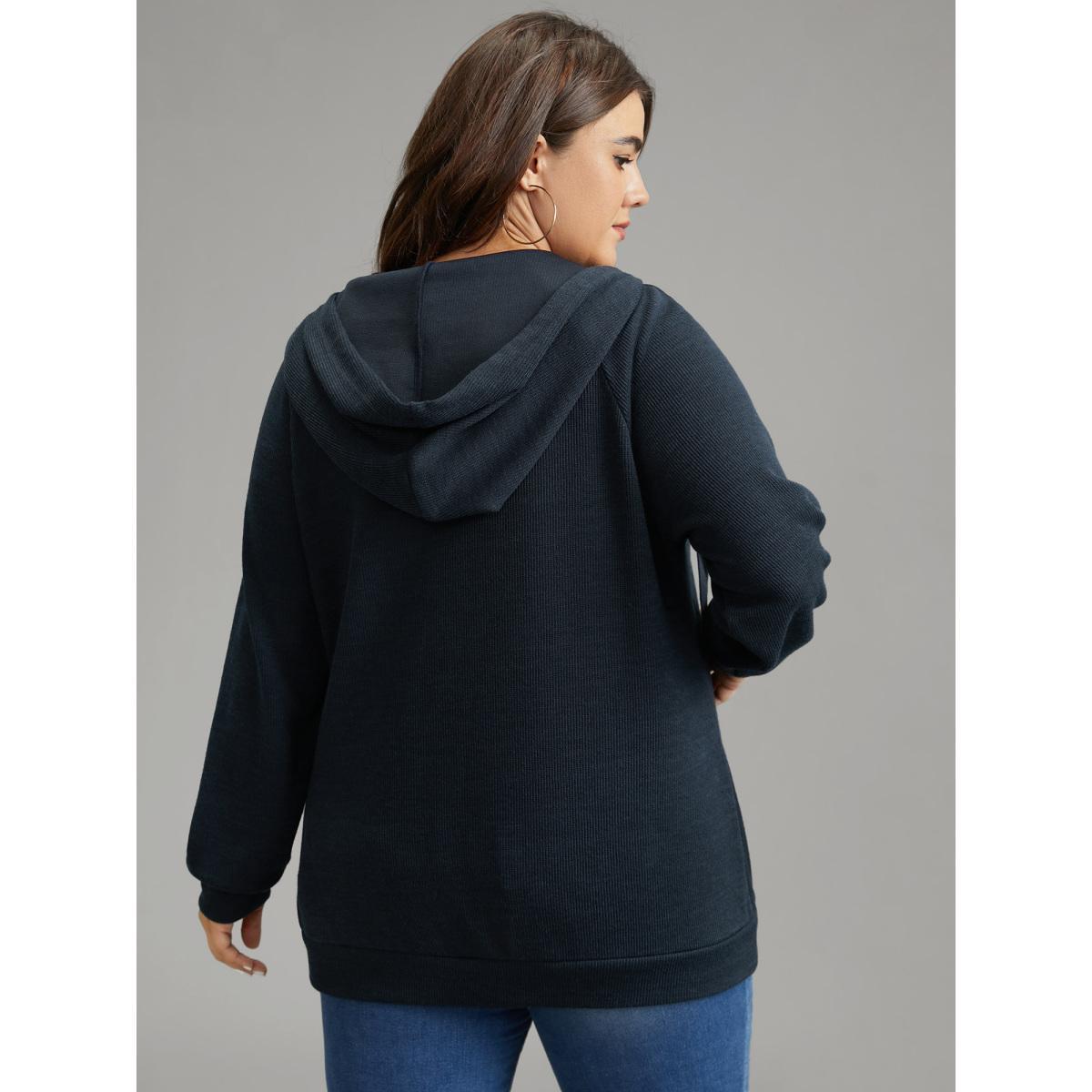 Plus Size Rib Knit Raglan Sleeve Hooded Drawstring Sweatshirt Women Indigo Casual Texture Hooded Dailywear Sweatshirts BloomChic 10/M Product Image