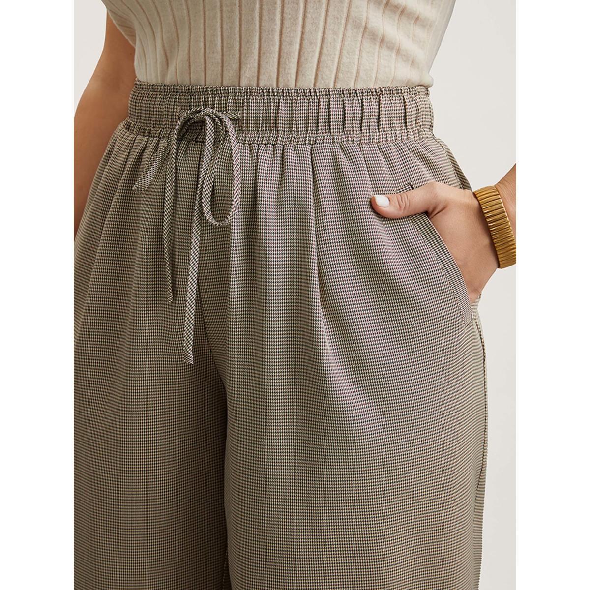 Plus Size Houndstooth Print Drawstring Waist Pants Women LightBrown Work From Home Straight Leg Mid Rise Work Pants BloomChic 12/L Product Image