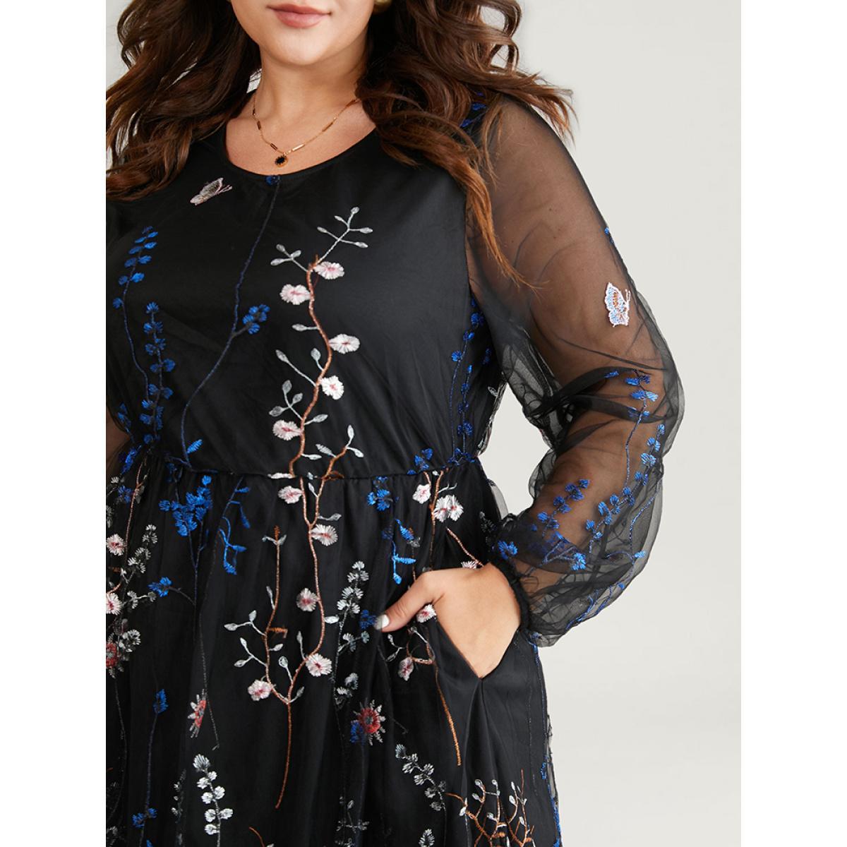 Plus Size Floral Embroidered Mesh Lantern Sleeve Pocket Midi Dress Black Women Glamour Embroidered Round Neck Long Sleeve Curvy Midi Dress BloomChic 14-16/1X Product Image
