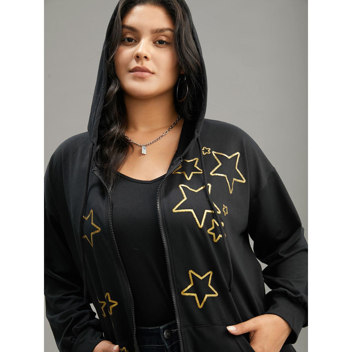 Plus Size Star Zipper Pocket Hooded Sweatshirt Women Black Casual Printed Hooded Dailywear Sweatshirts BloomChic 30/6X Product Image