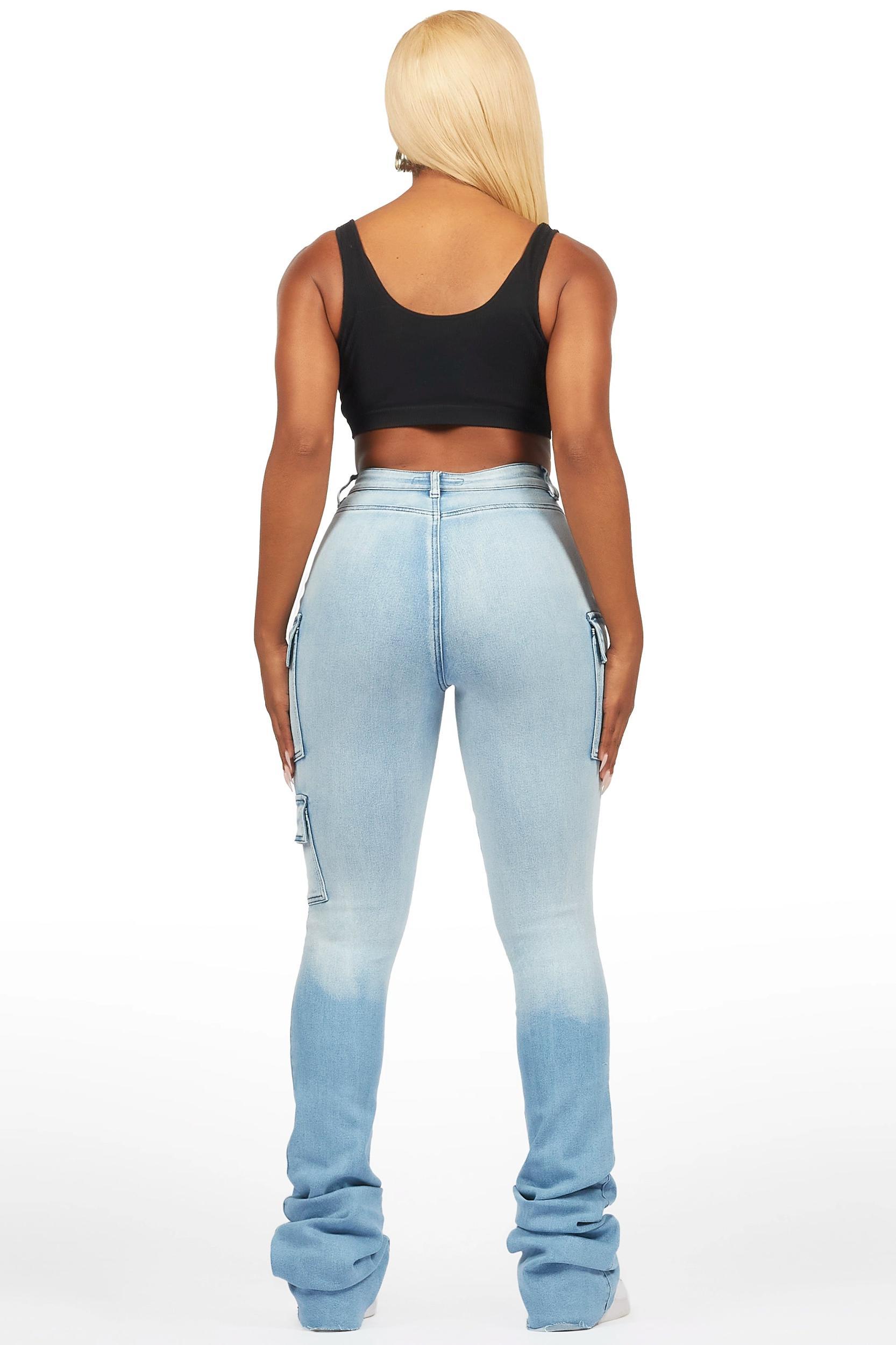 Vixen Light Wash Distressed Cargo Super Stacked Jean Female Product Image