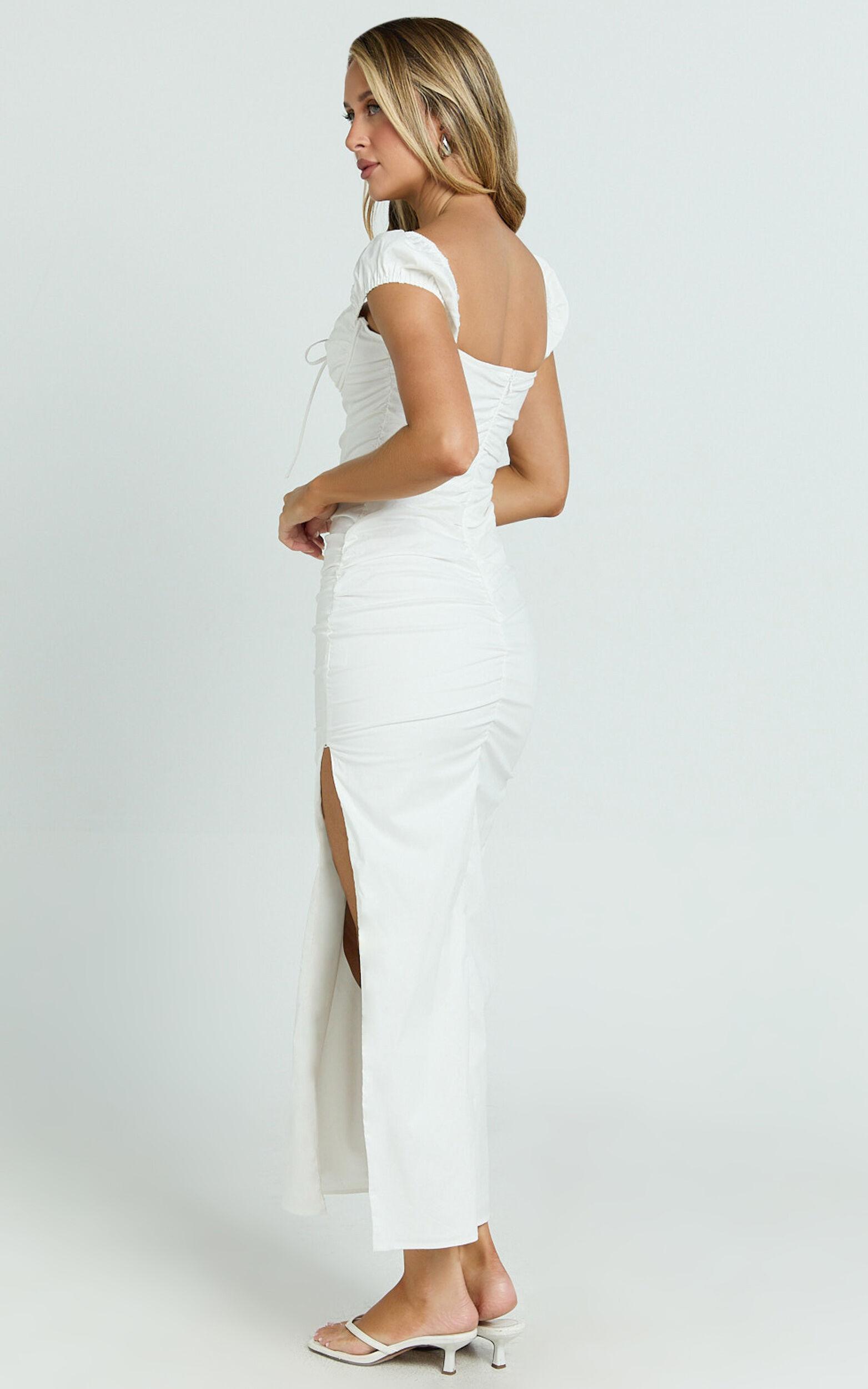 Farrow Midi Dress - Cap Sleeve Ruched Bust Fitted Dress in Off White Product Image