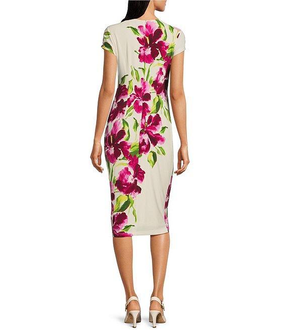 Maggy London Matte Jersey Floral Print Crew Neck Short Sleeve Sheath Midi Dress Product Image