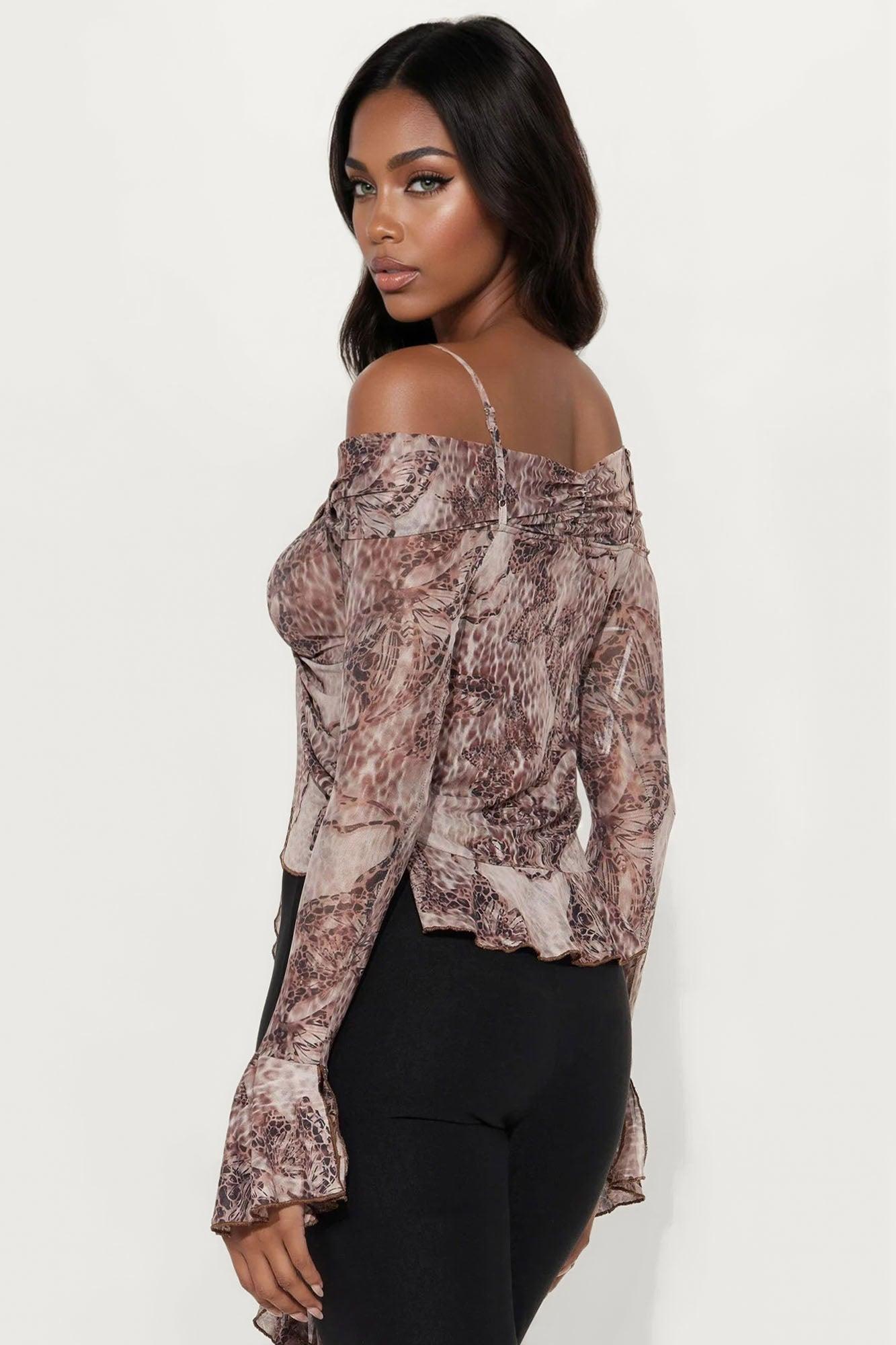 My Sanctuary Ruffle Long Sleeve Top  - Brown/combo Female Product Image