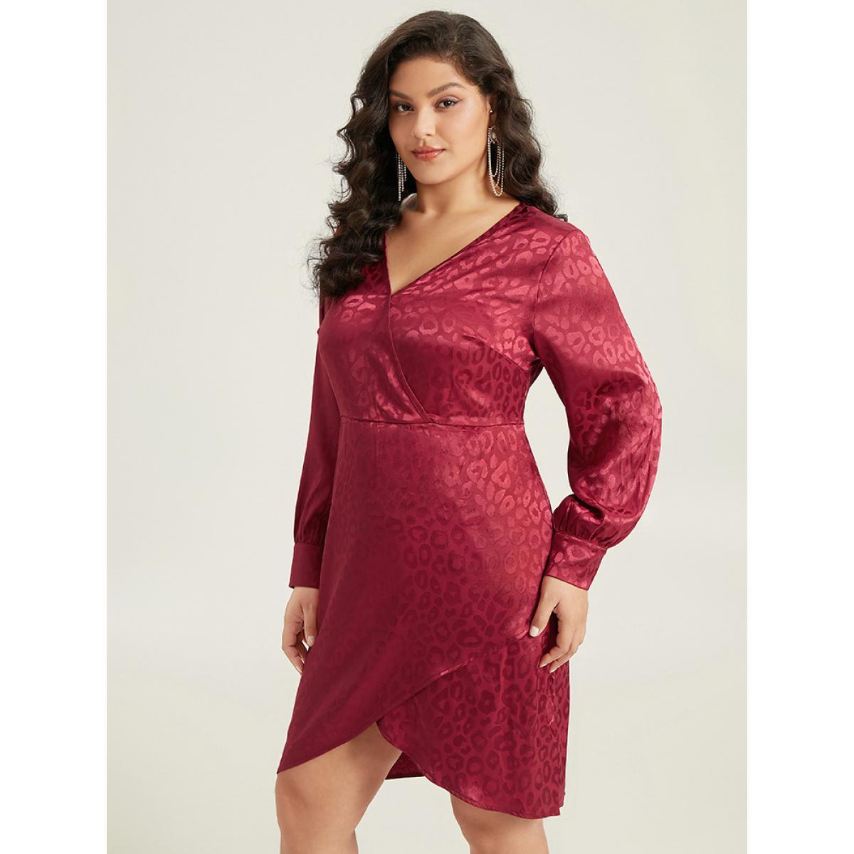 Plus Size Solid V Neck Gathered Wrap Hem Dress Scarlet Women Party Plain V-neck Long Sleeve Curvy Knee Dress BloomChic 14-16/1X Product Image