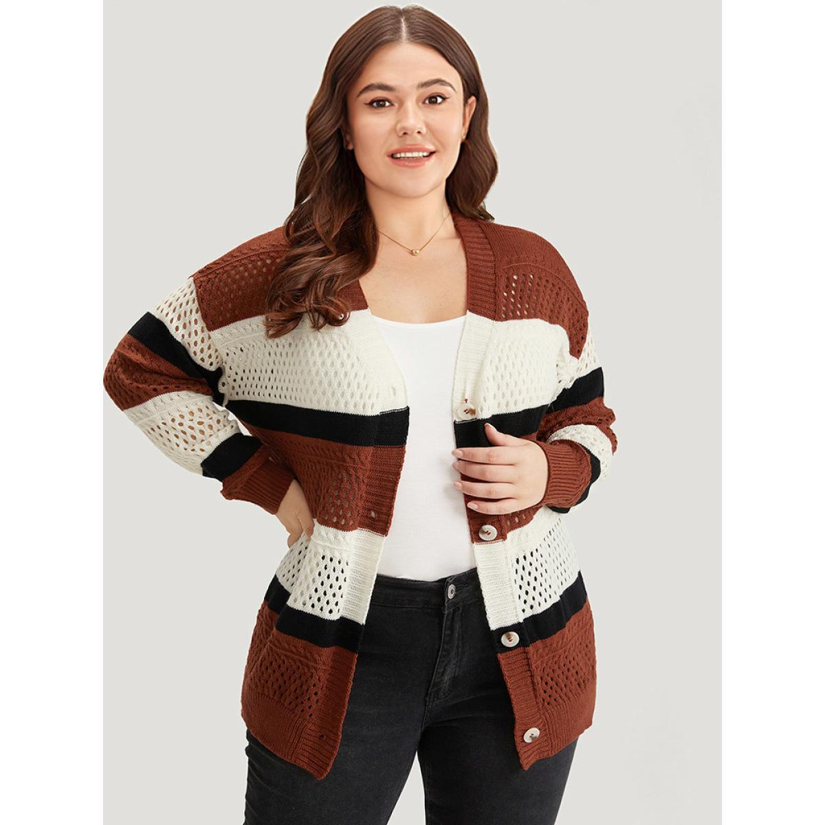 Plus Size Colorblock Contrast Geo Eyelet Button Through Cardigan Rust Women Casual Loose Long Sleeve Dailywear Cardigans BloomChic 26/4X Product Image