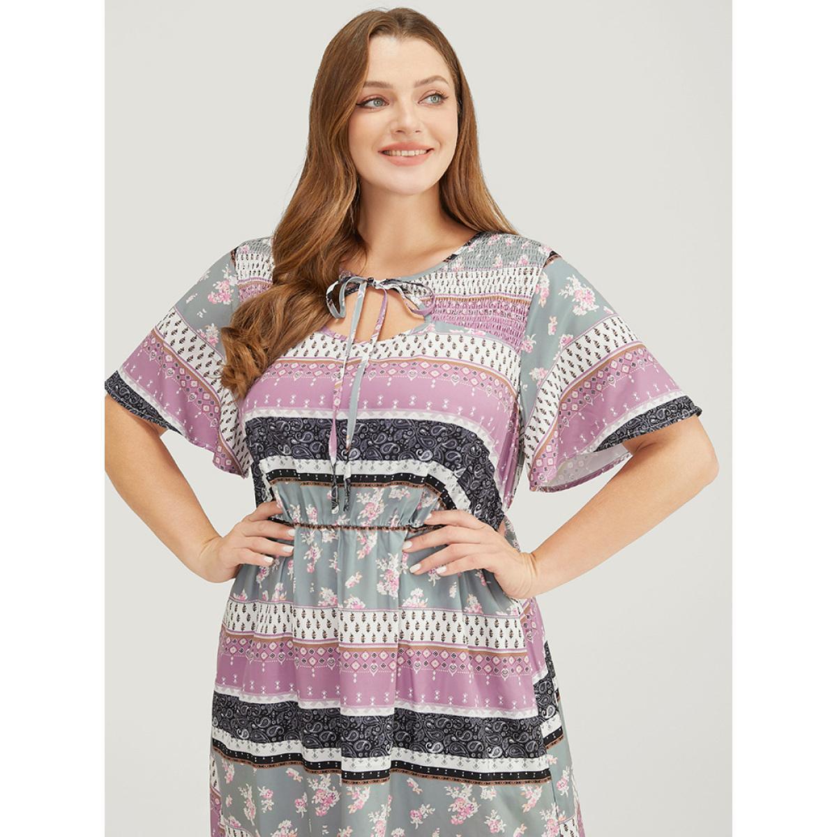 Plus Size Bandana Print Cut Out Tie Neck Pocket Shirred Striped Dress Multicolor Women Elegant Printed Keyhole Cut-Out Short sleeve Curvy Midi Dress BloomChic 14-16/1X Product Image