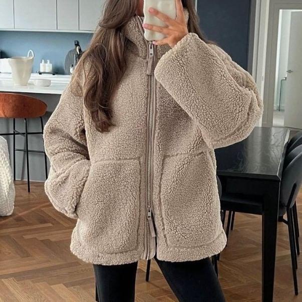 Stand Collar Plain Fleece Zip Jacket Product Image