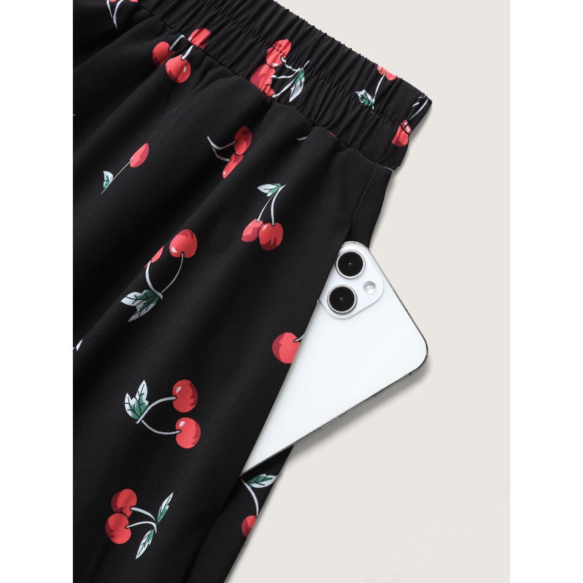 Plus Size Cherry-licious Pleated Midi Skirt Women BlackFlower Casual Loose Low stretch Side seam pocket Everyday-Casual Skirts BloomChic 28/5X Product Image