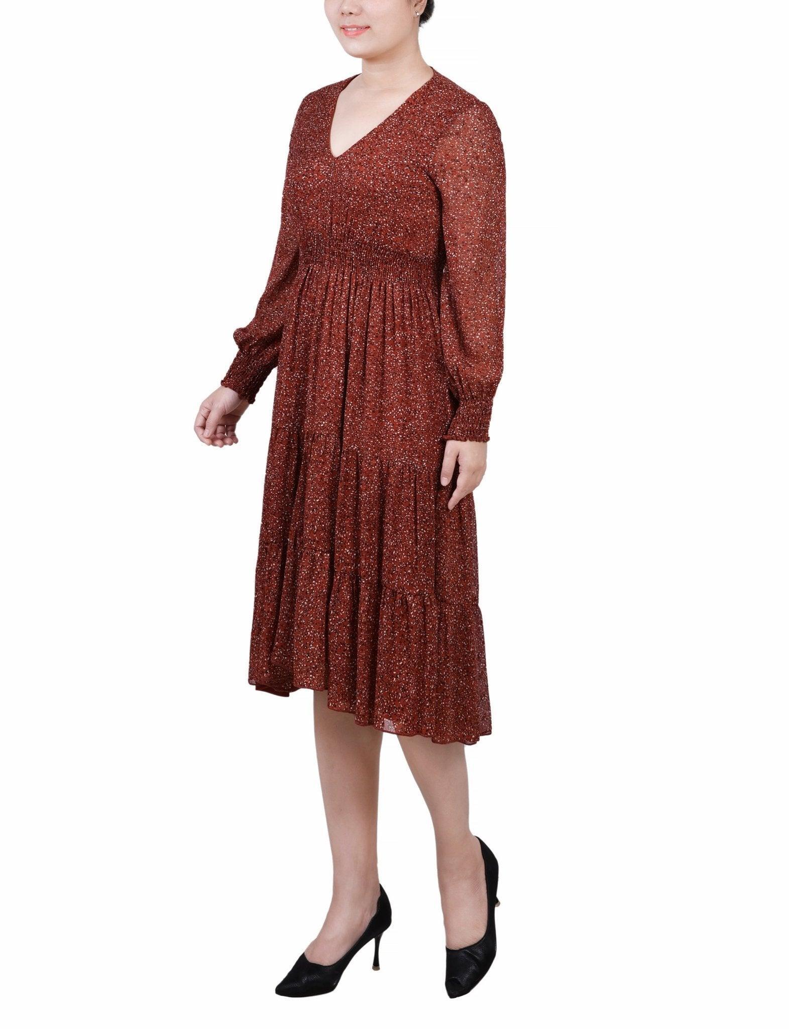 Brown Cheetah Long Sleeve Clip Dot Chiffon Dress With Smocked Waist and Cuffs Product Image